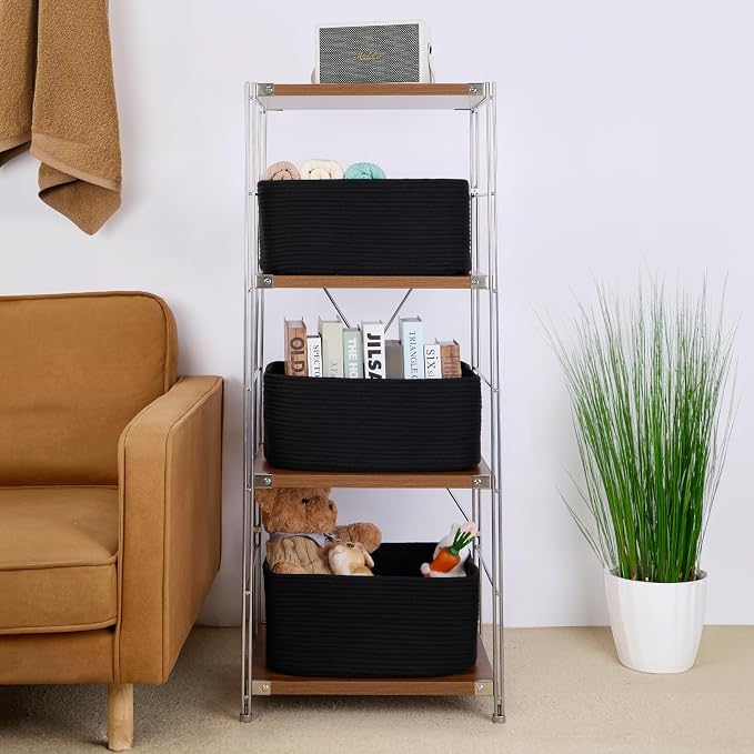 MiniArk Large Storage Baskets for Organizing, 17 x 13 x 7.5” Closet Shelf Baskets for Clothes Blanket Towels, Baby Nursery, Toy Bins Box, Woven Rope Baskets, 4 Packs Black