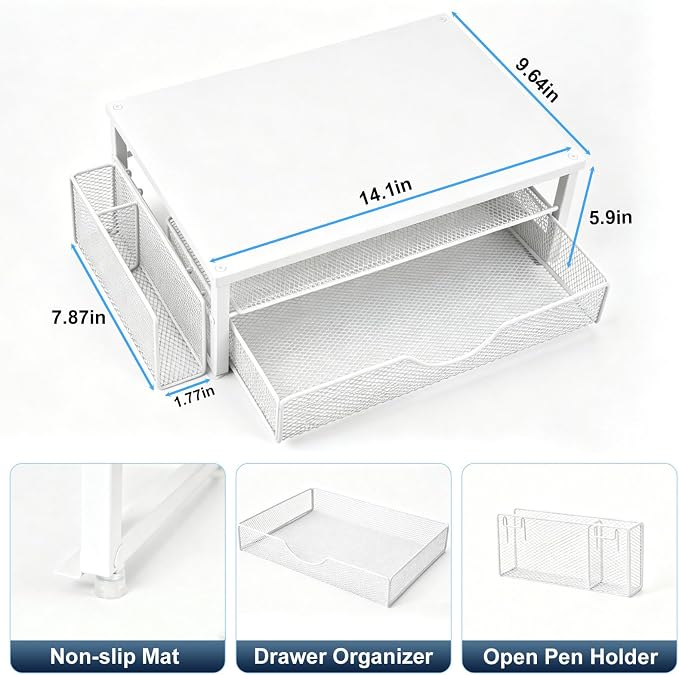 Spacrea Desk Organizer and Accessories, Computer Monitor Stand Riser with Drawer and 1 Open Pen Holder, Printer & Laptop Stand, Office Desk Accessories for Home Office Supplies (White)