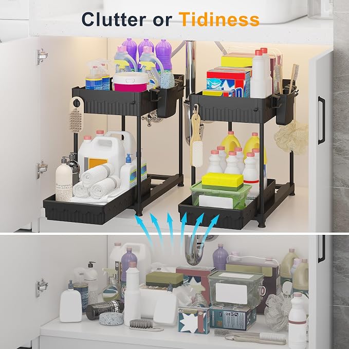 Sevenblue 2-Pack 2-Tier Under Sink Organizers with Sliding Drawers | Multi-use kitchen & bathroom storage, 12.85 inch black cabinet organizer, space-saving sliding drawer design.