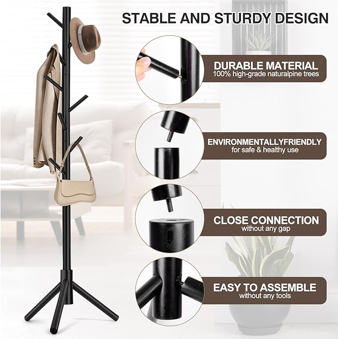 WANGMUXIA Coat Rack, Freestanding Coat Rack with 8 Hooks and 3 Adjustable Size Tree Coat Racks for Bedroom, Hallway, Entrance, Office, for Hats, Coats, Scarves, Handbags