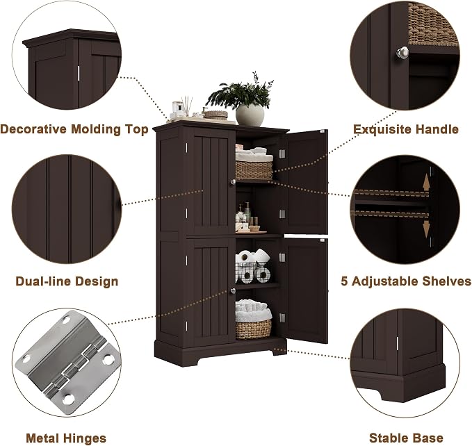 ChooChoo Bathroom Floor Cabinet with Adjustable Shelves | Bathroom Storage Cabinet, 4 Doors, Freestanding Cupboard for Living Room, Espresso