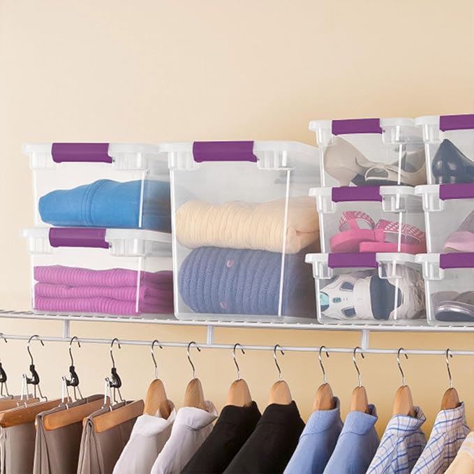 Sterilite ClearView Latch Boxes, Storage Bins with Lids, 27 Quart, 12-Pack | Clear Plastic Organizers with Color Accent Latches for Closet, Bedroom, Shelving Units, Dorm Room and Home Organization