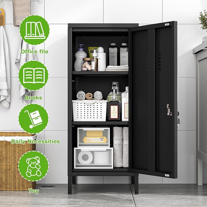 PAOFIN 35" Metal Storage Locker, Lockable Employees Metal Locker with Door and Adjustable Shelves, Steel Locker for Home, School, Office, Gym (Black)