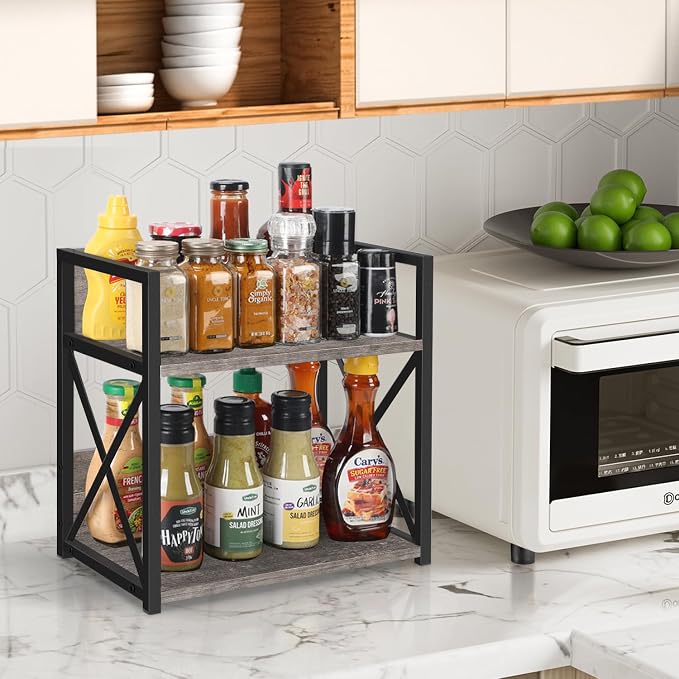 YINMIT Countertop Shelf Organizer,Coffee Bar Accessories,Spice Rack,Coffee Counter Shelf,2 Tier Coffee Organizer Station for Mugs,Cups,Cream,Syrup(Rustic Grey, Medium)