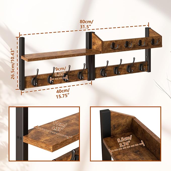 31.5" Coat and Key Rack Wall Mount with Shelf, Rustic Brown, HWS007H-2 | 4-in-1 Coat and Key Hanger with 12 Metal Hooks, Entryway Wall Shelf with Hooks & Mail Holder for Living Room, Bedroom