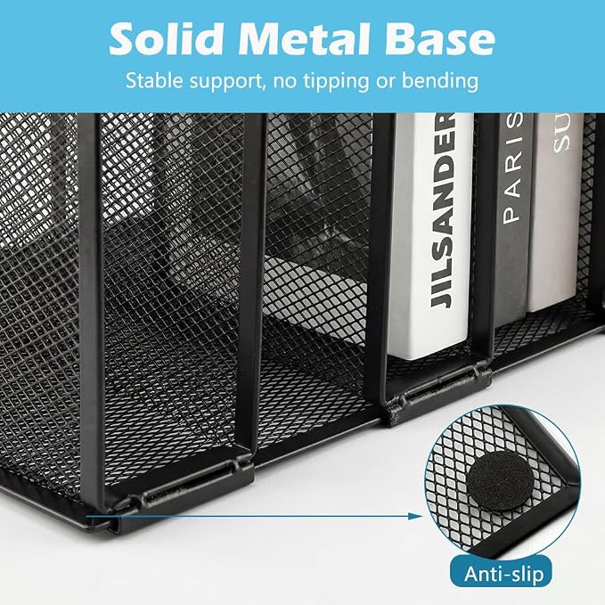 7-Section Vertical Mesh File Sorter, Black Metal Desktop Document Organizer with Extra Wide Spacing, Metal Paper Holder for Home Office Classroom Desk Storage