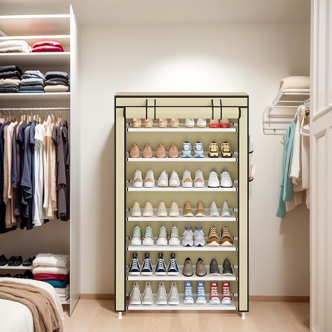 Laiensia 7-Tier Vertical Shoe Rack Organizer, Space Saving Shoe Storage Organizer, Non-Woven Cover Shoe Shelf Holds 28-35 Pairs for Bedroom, Hallway, Closet Entryway, Beige