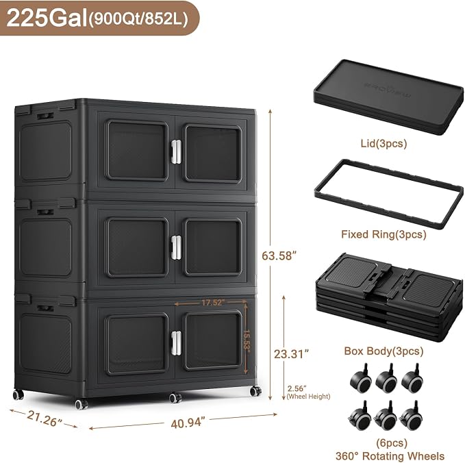 BROVIEW 900 Qt/225 Gal Stackable Storage Bins with Lids, 3 Pack, Black | Large Stackable Storage Boxes w/ 3 Lid Folding Plastic Cart Organizer for Home Kitchen, Open Front Clear Door with Wheels