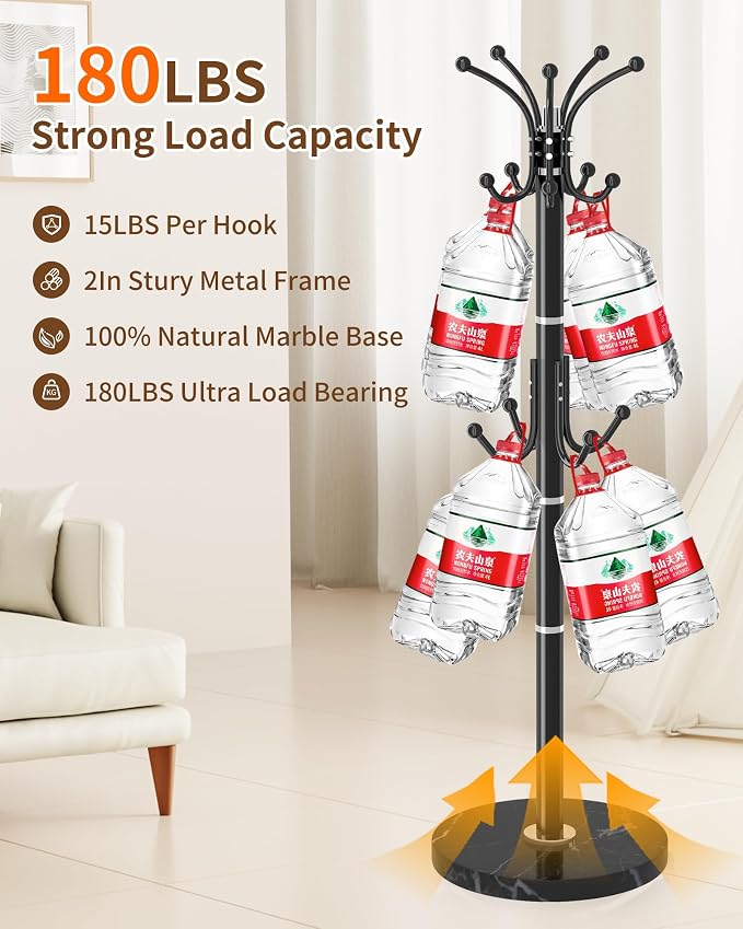 Modern Coat Rack Stand, 360° Rotary Metal Freestanding Coat Rack with Natural Marble Base, White Coat Racks and Coat Hanger Tree Jacket Stand with 14 Hooks for Office, Entryway, Hallway