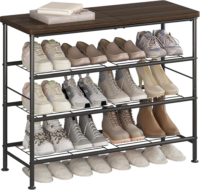 SUOERNUO 4 Tier Shoe Rack Organizer for Closet Shoe Storage for Entryway | Free Standing with MDF Top Board,Sturdy Metal Frame, Ideal for Living Room,Hallway Black