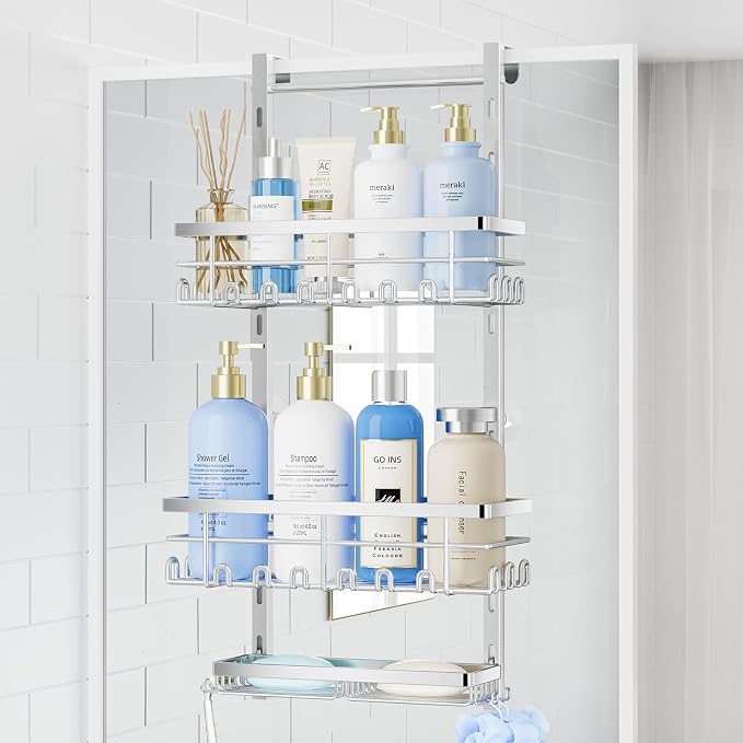SWTYMIKI Over The Door Shower Caddy - 3 Tier Rustproof Hanging Shower Organizer with Adjustable Shelves, 28 Hooks & Soap Holder, Hanging Shower Rack Storage for Bathroom Accessories, Silver