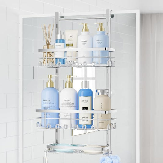 SWTYMIKI Over The Door Shower Caddy - 3 Tier Rustproof Hanging Shower Organizer with Adjustable Shelves, 28 Hooks & Soap Holder, Hanging Shower Rack Storage for Bathroom Accessories, Silver