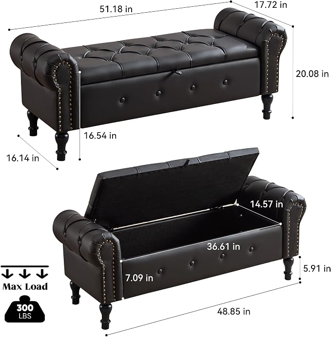 Storage Bench 51" Faux Leather End of Bed Benches Obsidian Black | Queen Size Storage Bench for Bedroom with Rolled Arms Tufted Ottoman Benches Upholstered Bench for Living Room Entryway