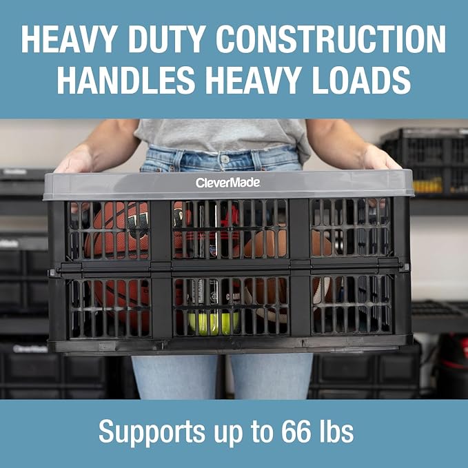 CleverMade Collapsible Utility Crates, 45L, 3 Pack, Ocean | Interlocking crates stack open or folded and carry 66 lb each. Side handles make groceries, tools, and gear easier to move.