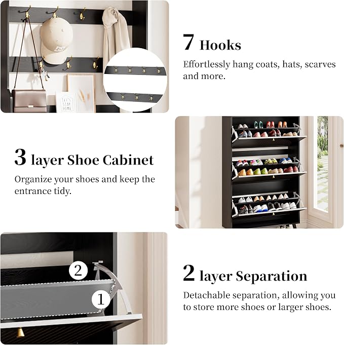 Fsbecl Shoe Storage Cabinet with 3 Fluted Flip Drawers & Coat Rack, Black | Slim Freestanding Shoe Organizer with Hidden Storage, Adjust Shelves, Wooden 2-in-1 Hall Tree for Entryway Foyer, 18-24 Pairs