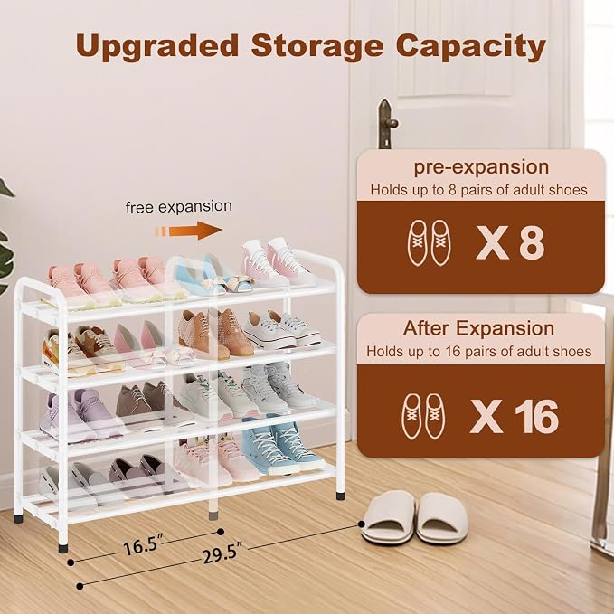 KANAV 4-Tier Expandable Shoe Rack, Heavy Duty Adjustable Metal Shoe Organizer for Closet, Entryway & Mudroom, Freestanding, Tool-Free Assembly, White