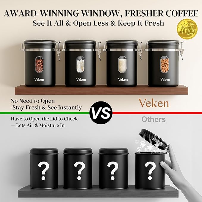 Veken Coffee Canister with Window, Airtight Stainless Steel Container, 22OZ | Kitchen Food Storage Organizers for Beans,Ground,Espresso,Rice,Tea,Sugar,Bar Accessories,Gifts,Jars, Scoop,Black