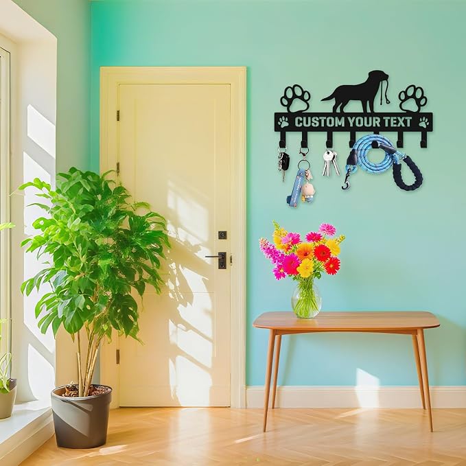 Personalized Dog Leash Holder for Wall, Custom Pet Key Hook Rack | Dog metal leash holder for wall with custom text, keeps keys, collars and leashes organized, ideal pet lover gift
