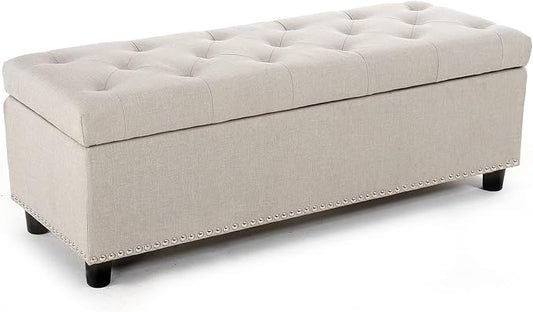 BELLEZE Storage Ottoman, Tufted Ottoman with Close Hinge, Foot Rest for Living Room (Beige, 47 inch)