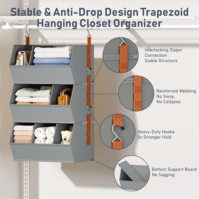 Hanging Closet Organizer Extra Large, Clothes Hanging Shelves for Closet with Divider, Collapsible Closet Storage System, Fabric Storage Bins for Home, Dorm, Rv, Sweaters, Handbags, Underwear, Sock