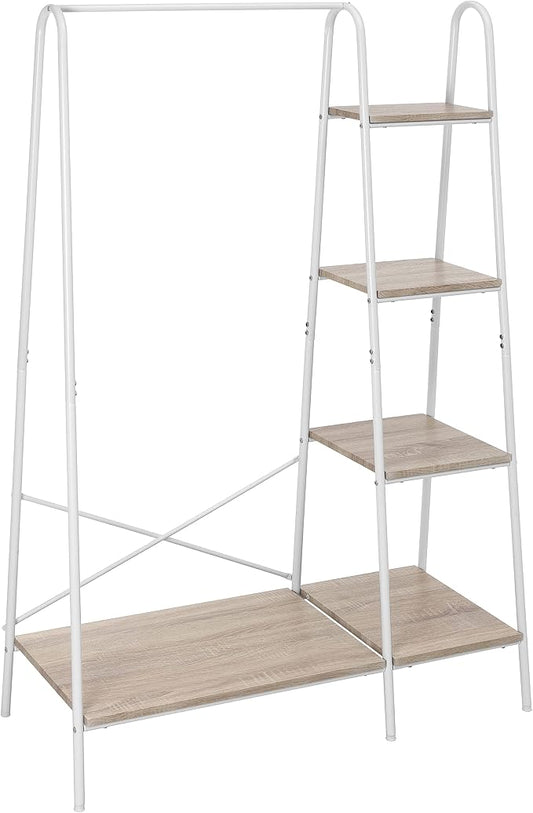 Finnhomy Metal Clothes Closet Rack, Clothing Rack for Hanging Clothes White Heavy Duty Garment Rack with 5 Wood Shelves Freestanding Portable Closet Organizer for Bedroom/Entryway/Boutiques