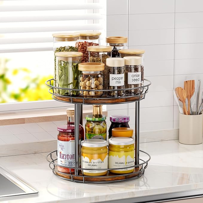 LAMU 10'' Lazy Susan Turntable Organizer, 2 Tier Round Rotating Spice Rack Organization for Kitchen Cabinet and Countertop, Wooden Lazy Susan for Table Top, Pantry, Bathroom, Vanity, Home Decor