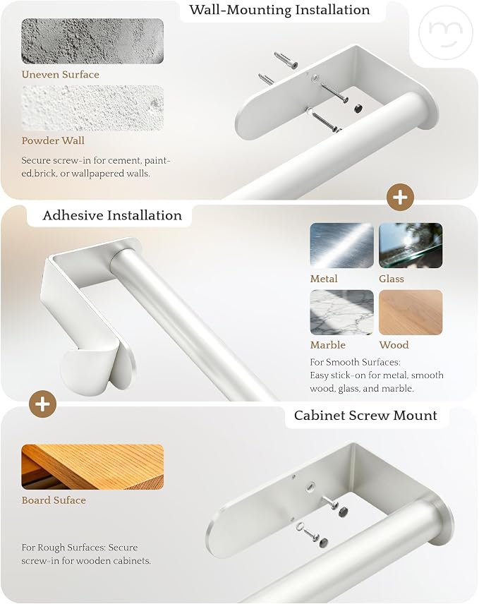 Paper Towel Holder Under Cabinet Adhesive or Drilling White | Drill Wall Mount or Adhesive, Easy Roll Loading, Heavy Duty, Stainless Steel Paper Towel Roll Rack for Kitchen, Bathroom