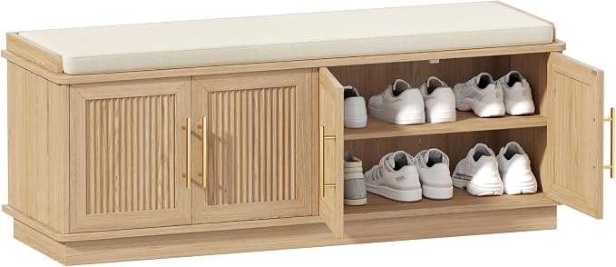 Akxomel 47.2" Fluted Shoe Storage Bench 4 Doors Wooden Entryway Bench Oak | 2 Tier Shoe Bench with Padded Cushion, Adjustable Shelves and 4 Doors, Curved Profile, for Hallway, Living Room, Bedroom