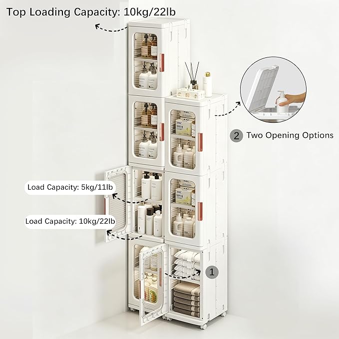 Tall Narrow Storage Cabinet with Movable Wheels, Adjustable Shelves & Magnetic Doors – Foldable Slim Plastic Organizer for Bathroom, Kitchen, Laundry, Ideal for Small Spaces(4-Tier,White)