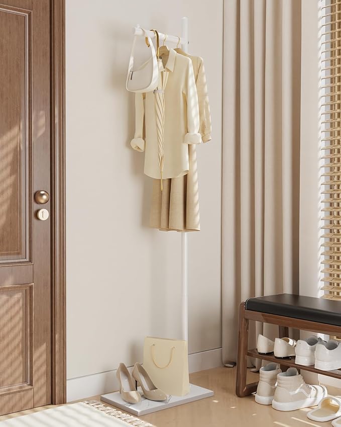 Yawinhe Metal Coat Stand with Square Base,68.5 Inches High,White,1-Pack | Coat Rack with Rock Base;L Shaped Freestanding Hall Tree;Clothes Hanger Stand Suitable for Bedroom,Hallway, Entrance