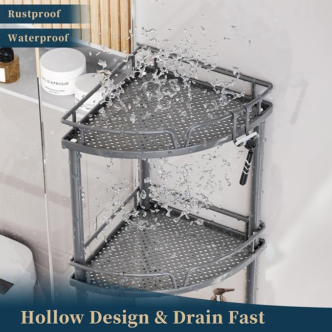 Consumest Corner Shower Caddy Stand - 3 Tier Shower Organizer with Soap Holder, Tall Floor Corner Shelf Standing with Adjustable Feet & 4 Hooks, Storage Rack for Bathroom Grey