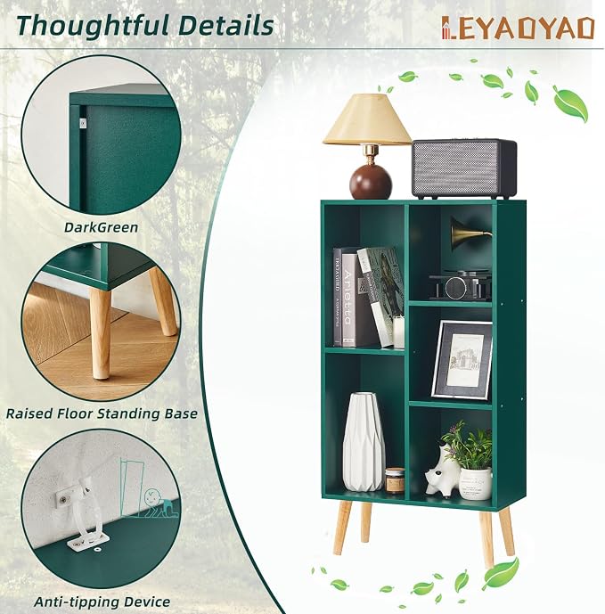 LEYAOYAO 5 Cube Bookshelf,Mid-Century Modern Bookcase with Legs,Dark Green | 3 Tier Book Shelf,Rustic Wood Bookshelves Freestanding Small Storage Organizer, Open Shelves for Bedroom, Living Room, Office