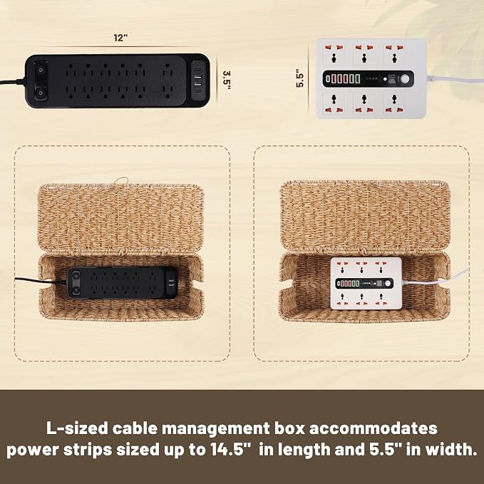 BROWNLILY Cable Management Box, Rattan Style Cord Organizer for Desk Cord Hider Outlet Covers for Power Strip TV PC Router Charger Under Desk Storage with Lockable Lid and Cable Ties