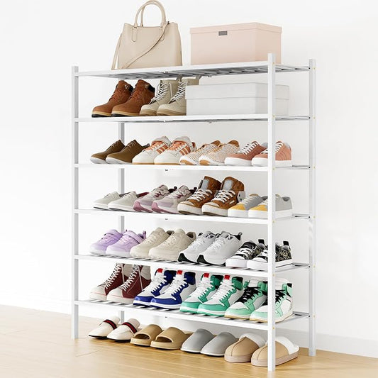 Smiry Bamboo Shoe Rack, 12 Vertical Slats, 6 Tier - 33.7" Wide, White | Stackable Free Standing Wooden Shoe Organizer, Wood Shoe Storage Shelf for Closet, Entryway