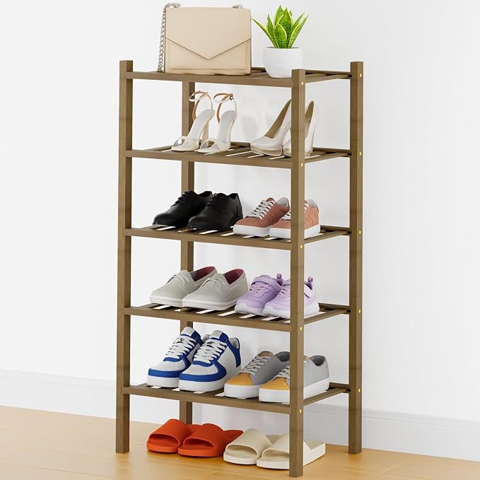 Smiry Bamboo Shoe Rack, 14 Vertical Slats, 5 Tier - 17.3" Wide, Walnut | Stackable Free Standing Wooden Shoe Organizer, Wood Shoe Storage Shelf for Closet, Entryway, Thicher Leg