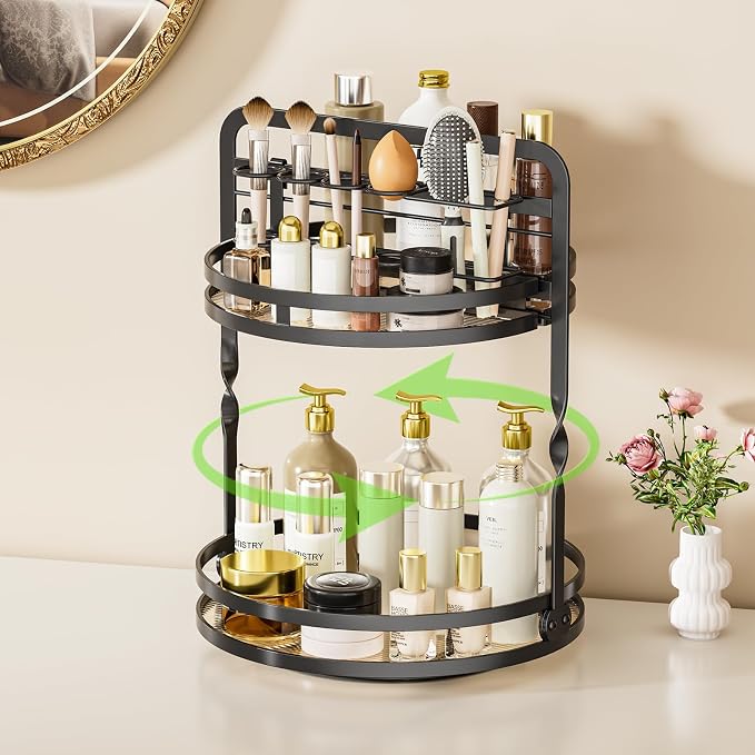 360 Rotating Makeup Organizer,Perfume Organizer, Bathroom Counter Organizer | 2-Tier Large Capacity Gold Vanity Organizer for Dresser,Perfume Shelf with Makeup Brush Holder Stores Skincare and Cosmetics