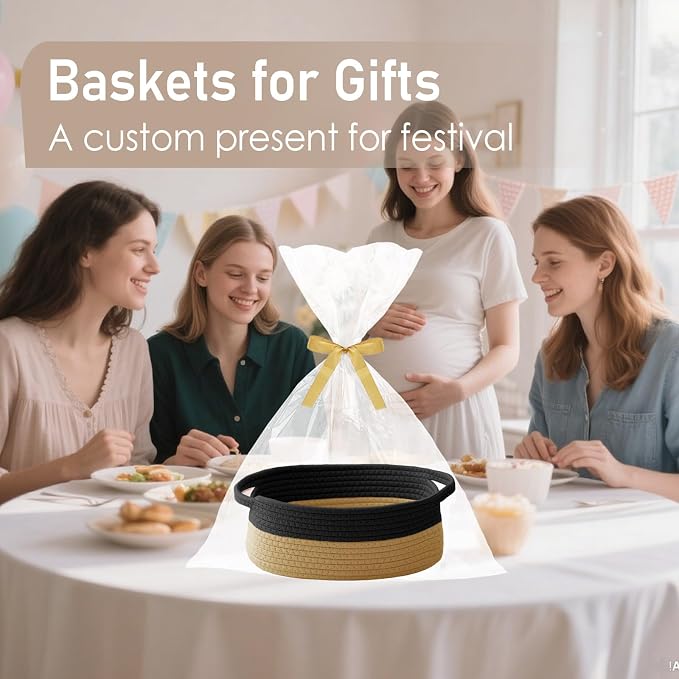 JMvicyroam Small Woven Basket, Empty Gift Basket, Black&Jute/3 Pack | Small Gift Basket, Cotton Rope, 12 x 8 x 83 in, Handles, Includes Ribbon and Bag, Birthday Gift Basket