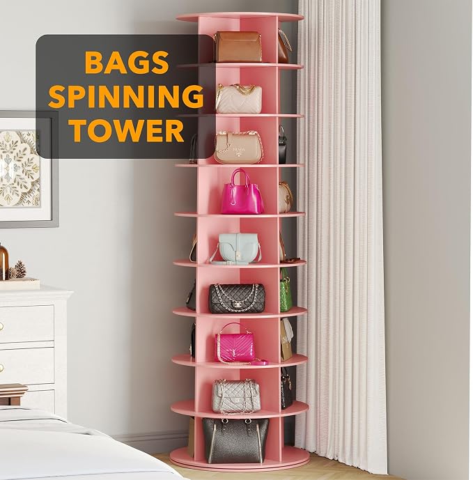 SpaceAid 9 Tier Rotating Shoe Rack Tower, Spinning Shoe Display Lazy Susan, Revolving 360 Shoe Rack Storage Round Carousel, Vertical Handbag Rotate Shoes Closet Organization (9-Tier Pink)