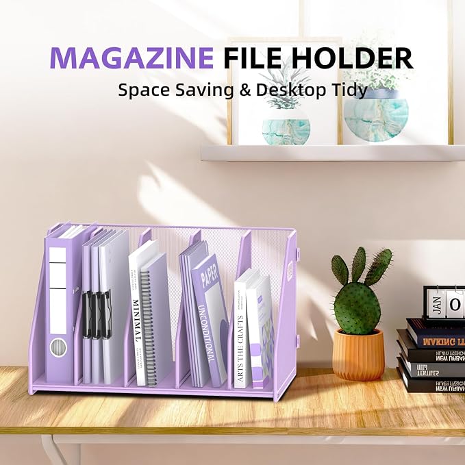 SUPEASY Binder Organizer, Magazine File Holder with 5 Vertical Rack, Purple | Metal Desk File Organizer & Binder Holders, Magazine Organizers for Office Desktop, Home, School, Classroom
