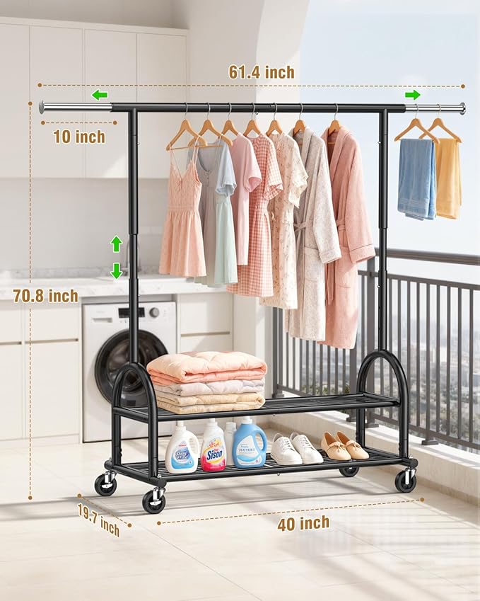EAGMAK Heavy Duty Clothes Rack for Hanging Clothes Load 556 LBS, Height Adjustable Rolling Clothing Racks, Portable Metal Coat Rack Garment Wardrobe with Wheels and Shelves for Bedroom Laundry, Black