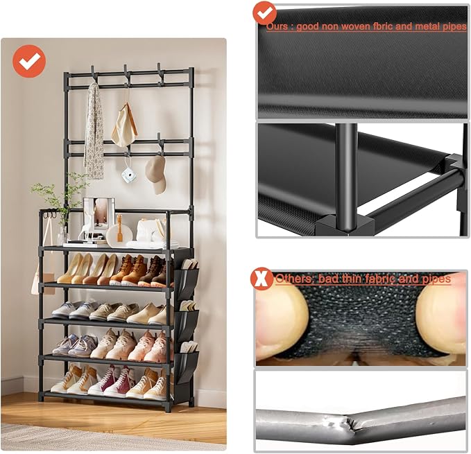 Shoe Rack 5 Tier Shoe Organizer Storage 15-20 Pairs for Closet Entrance | Stackable & Detachable Shelf with Hooks and Side Pocket Entryway Shoe Holder Space Saving Closet Organizers and Storage