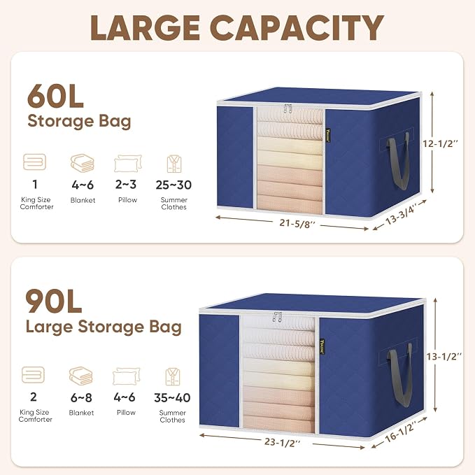 BALEINE 8 Pack Clothes Storage Bags, 16 Gallon Storage Containers with Reinforced Handle, Sturdy Zipper, Closet Organizer for Blanket, Comforter, Pillow, Bedding (Blue, 8 Pack)