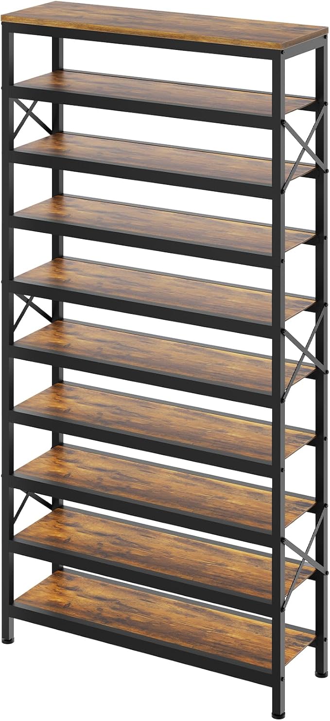 10-Tier Tall Shoe Rack Organizer, Wooden Shoe Storage for Closet Holds 40 Pairs, Sturdy Shoe Shelf with X-Shaped Metal Support, for Entryway, Bedroom, Rustic Brown and Black SS210BR