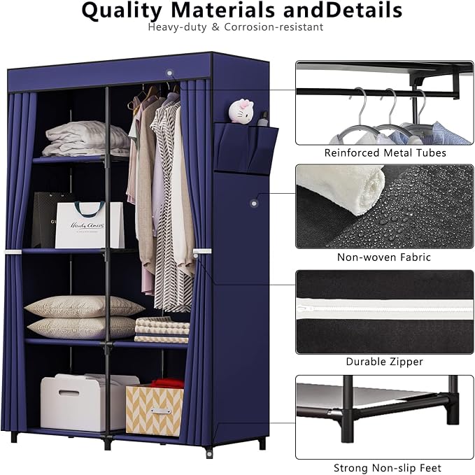 SORCEDAS Portable Closet Wardrobe Organizer Storage with Cover Non-Woben Fabric Portable Wardrobe Closet for Hanging Clothes Racks Shelving 33 Inch for Bedroom, Blue (Blue, 33Inch)