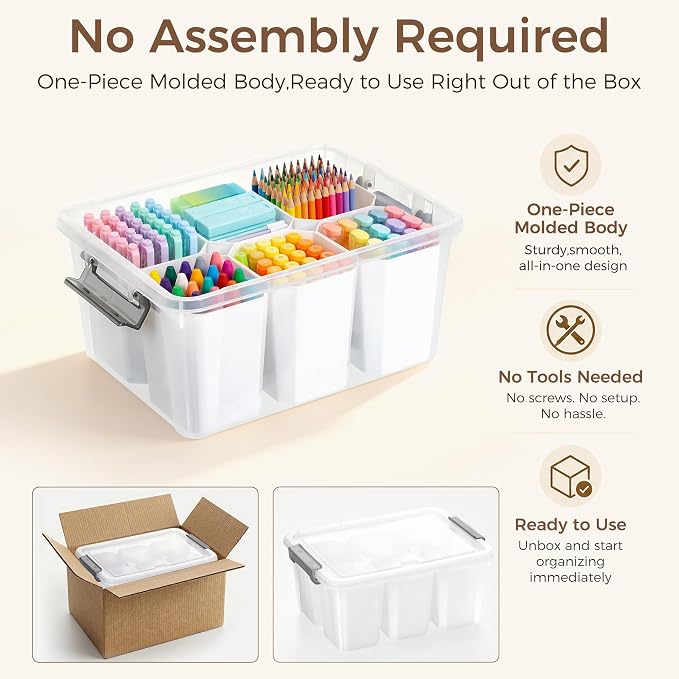 Citylife 17QT Craft Organizers and Storage bins with Lids, Marker Organizer | Clear Plastic, Art Supply Organizer for Markers, Crayons and Crafts, 6 Detachable Inserts, Versatile Stackable, No Assembly