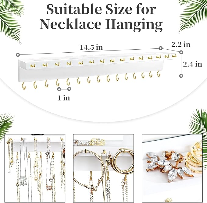 YYILIS Necklace Holder, Upgraded Extra Large Wall Necklace Organizer with 30 Hooks Wall Mounted Necklace Hanger with Jewelry Tray/Cosmetics Shelf Rustic Pine Wood Holder (2 Pack-Double White)