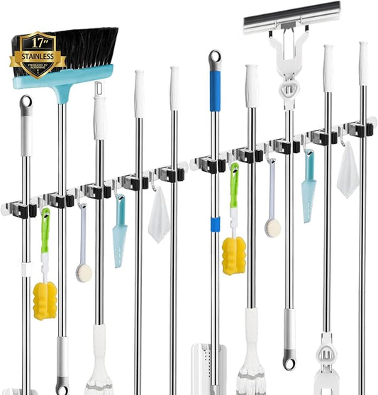 2 Pack Broom Holder Wall Mount, 5 Racks 4 Hooks Mop and Broom Organizer | Mop Holder Wall Mount and Broom Hanger for Garage, Laundry Room, Kitchen and Utility Storage