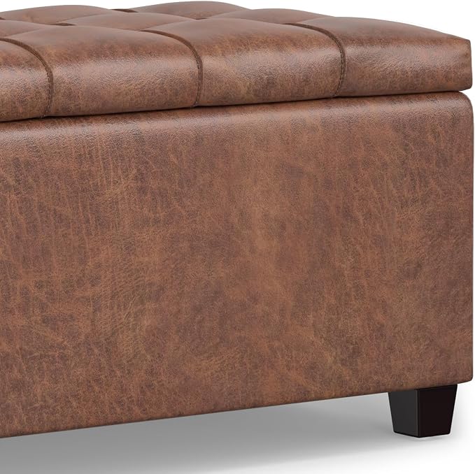 SIMPLIHOME Sienna 33" Wide Vegan Leather Storage Ottoman in Midnight Black | Distressed saddle brown, transitional ottoman with tufting and lift-up lid; rectangle storage bench for living room.
