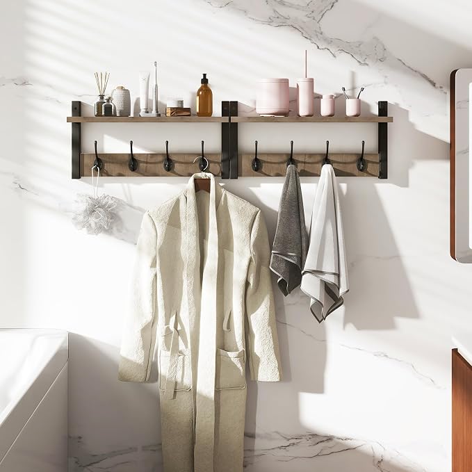 YMYNY Coat Rack Wall Mount with Shelf and Hooks, Silver Gray UHWS001Y-2 | 2 Pack Wooden Wall Mounted Coat Hanger with Shelf and 8 Double Hooks, Wall Coat Rack for Entryway Hallway Bedroom Bathroom