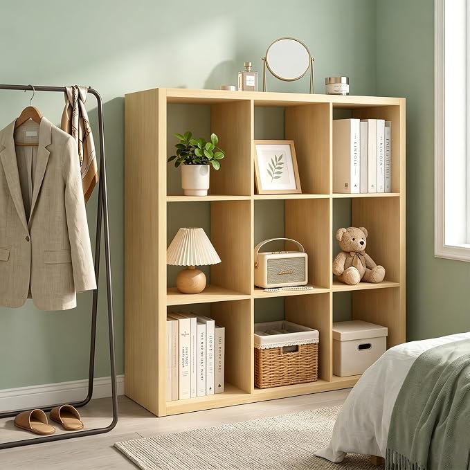 CTESNE【Wooden Thick Frame 9 Cube Storage Organizer Shelf with Anti-Tipping Kits + Reversible Open Back Bookcase, Horizontal and Vertical Dual-use Standing Bookshelf（Oak,13inch）